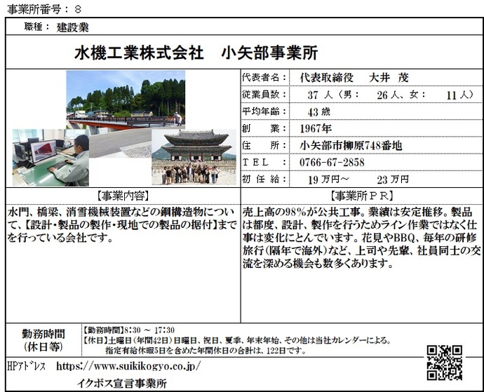 写真：水機工業株式会社小矢部事務所　職場紹介シート