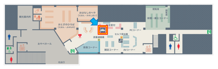 イラスト：図書館1階　駐車券認証機の位置