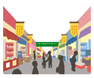 イラスト：商店街で買い物する人達