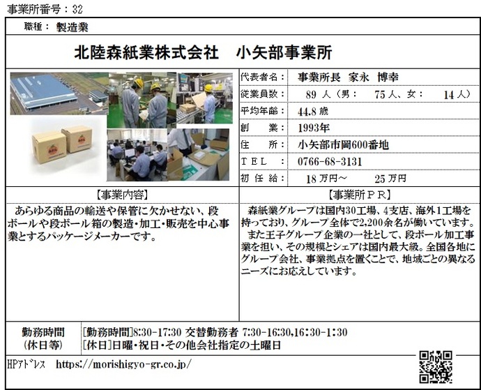 写真：北陸森紙業株式会社　小矢部事業所　職場紹介シート